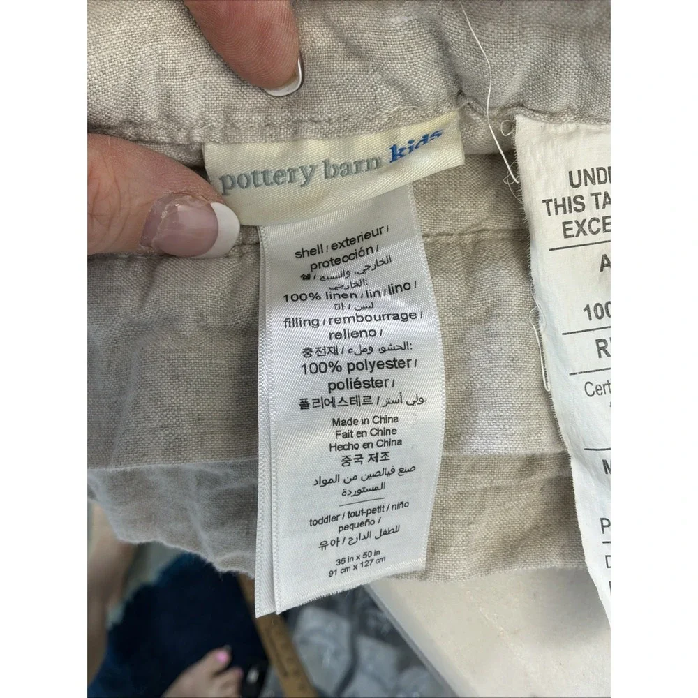 Pottery Barn Kids Quilt 50x36 Toddler Beige Diamond Stitch 100% Linen